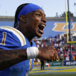 
              UCLA quarterback Dorian Thompson-Robinson (1) reacts after a 42-32 win over Utah in an NCAA college football game in Pasadena, Calif., Saturday, Oct. 8, 2022. (AP Photo/Ashley Landis)
            