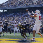 
              Houston tight end Matt Byrnes makes a touchdown catch in front of Navy safety Rayuan Lane III (18) during the first half of an NCAA college football game, Saturday, Oct. 22, 2022, in Annapolis, Md. (AP Photo/Julio Cortez)
            