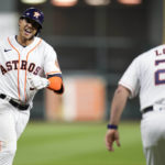 
              Houston Astros Jeremy Pena (3) runs the bases after his solo homer during the seventh inning in Game 1 of baseball's American League Championship Series between the Houston Astros and the New York Yankees, Wednesday, Oct. 19, 2022, in Houston. (AP Photo/Kevin M. Cox)
            