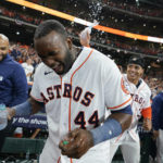 
              Houston Astros designated hitter Yordan Alvarez (44) celebrates with teammates after his three-run, walkoff home run against the Seattle Mariners during the ninth inning in Game 1 of an American League Division Series baseball game in Houston,Tuesday, Oct. 11, 2022. (AP Photo/David J. Phillip)
            