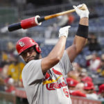 
              St. Louis Cardinals' Albert Pujols warms up in the on-deck circle before batting against the Pittsburgh Pirates during the first inning of a baseball game, Monday, Oct. 3, 2022, in Pittsburgh. (AP Photo/Keith Srakocic)
            
