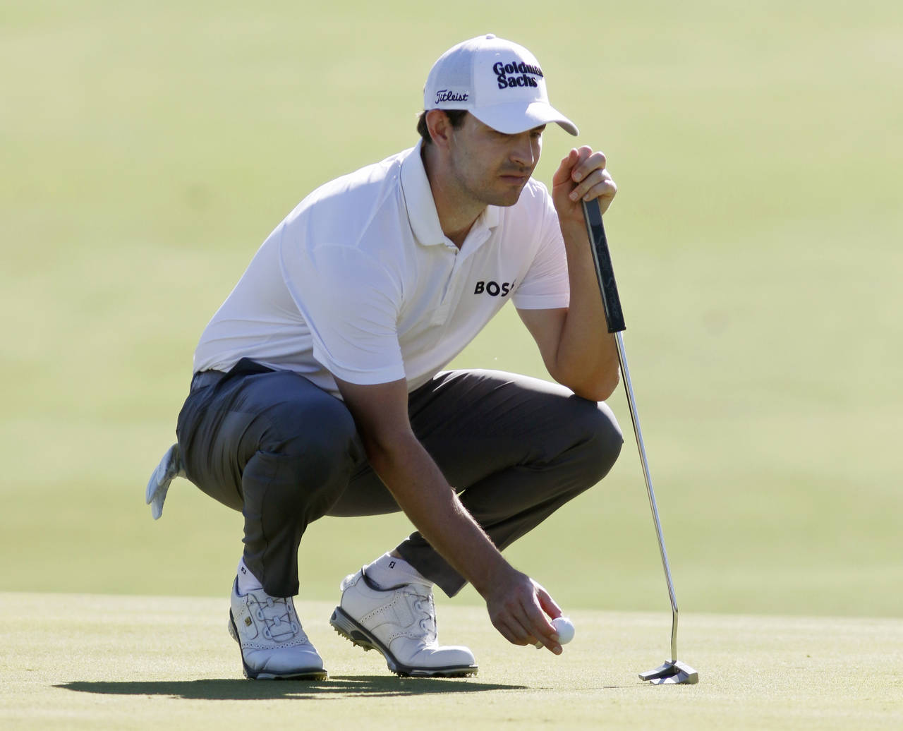 Patrick Cantlay places his ball on the 11th green during the first round of the Shriners Children's...