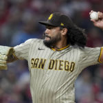 
              San Diego Padres starting pitcher Sean Manaea throws during the fifth inning in Game 4 of the baseball NL Championship Series between the San Diego Padres and the Philadelphia Phillies on Saturday, Oct. 22, 2022, in Philadelphia. (AP Photo/Matt Rourke)
            