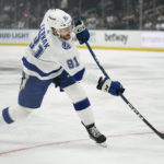 
              Tampa Bay Lightning defenseman Erik Cernak (81) shoots during the first period of an NHL hockey game against the Los Angeles Kings Tuesday, Oct. 25, 2022, in Los Angeles. (AP Photo/Ashley Landis)
            