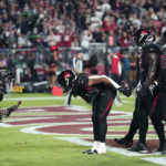 
              Arizona Cardinals running back Keaontay Ingram (30) celebrate his touchdown during the first half of an NFL football game against the New Orleans Saints, Thursday, Oct. 20, 2022, in Glendale, Ariz. (AP Photo/Ross D. Franklin)
            