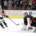
              Washington Capitals left wing Alex Ovechkin (8) has his shot stopped by Carolina Hurricanes goaltender Frederik Andersen (31) during the shootout period of an NHL hockey game Monday, Oct. 31, 2022, in Raleigh, N.C. (AP Photo/Chris Seward)
            