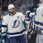 
              Tampa Bay Lightning defenseman Victor Hedman celebrates with the bench after scoring a goal against the San Jose Sharks in the first period of an NHL hockey game, Saturday, Oct. 29, 2022, in San Jose, Calif., Saturday, Oct. 29, 2022. (AP Photo/Josie Lepe)
            