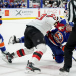
              New York Islanders center Brock Nelson (29) hits the pick to center Kyle Palmieri (21) during a faceoff against the New Jersey Devils center Michael McLeod (20) during the second period of an NHL hockey game Thursday, Oct. 20, 2022, in Elmont, N.Y. (AP Photo/Julia Nikhinson)
            