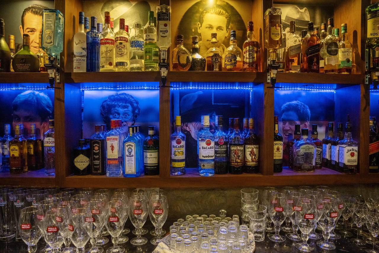 Bottles of liquor are displayed at "The Irish Pub," which will be one of the bars showing World Cup...