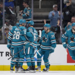 
              The San Jose Sharks celebrate after a score by center Logan Couture (39) during the second period of an NHL hockey game against the Toronto Maple Leafs in San Jose, Calif., Thursday, Oct. 27, 2022. (AP Photo/Godofredo A. Vásquez)
            