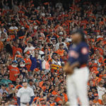 
              Fans cheer behind Houston Astros starting pitcher Framber Valdez during the first inning inning in Game 2 of an American League Division Series baseball game against the Seattle Mariners in Houston, Thursday, Oct. 13, 2022. (AP Photo/David J. Phillip)
            