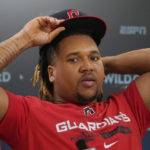 
              Cleveland Guardians' Jose Ramirez is shown during an interview, Thursday, Oct. 6, 2022, in Cleveland, the day before their wild card baseball playoff game against the Tampa Bay Rays. (AP Photo/Sue Ogrocki)
            