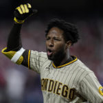 
              San Diego Padres' Jurickson Profar reacts after striking out during the ninth inning in Game 3 of the baseball NL Championship Series between the San Diego Padres and the Philadelphia Phillies on Friday, Oct. 21, 2022, in Philadelphia. (AP Photo/Brynn Anderson)
            