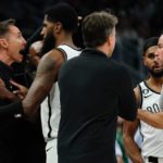 
              Brooklyn Nets head coach Steve Nash is restrained after having a technical foul called on him during the second half of an NBA basketball game Wednesday, Oct. 26, 2022, in Milwaukee. (AP Photo/Morry Gash)
            