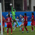 
              China's goalkeeper Liu Chen, center, tries to save a goal during the FIFA U-17 Women's World Cup soccer match between China and Spain in Navi Mumbai, India, Tuesday, Oct. 18, 2022. (AP Photo/Rafiq Maqbool)
            