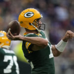 
              Green Bay Packers quarterback Aaron Rodgers (12) throws a pass during the second half of an NFL football game against the New York Giants at the Tottenham Hotspur stadium in London, Sunday, Oct. 9, 2022. (AP Photo/Alastair Grant)
            