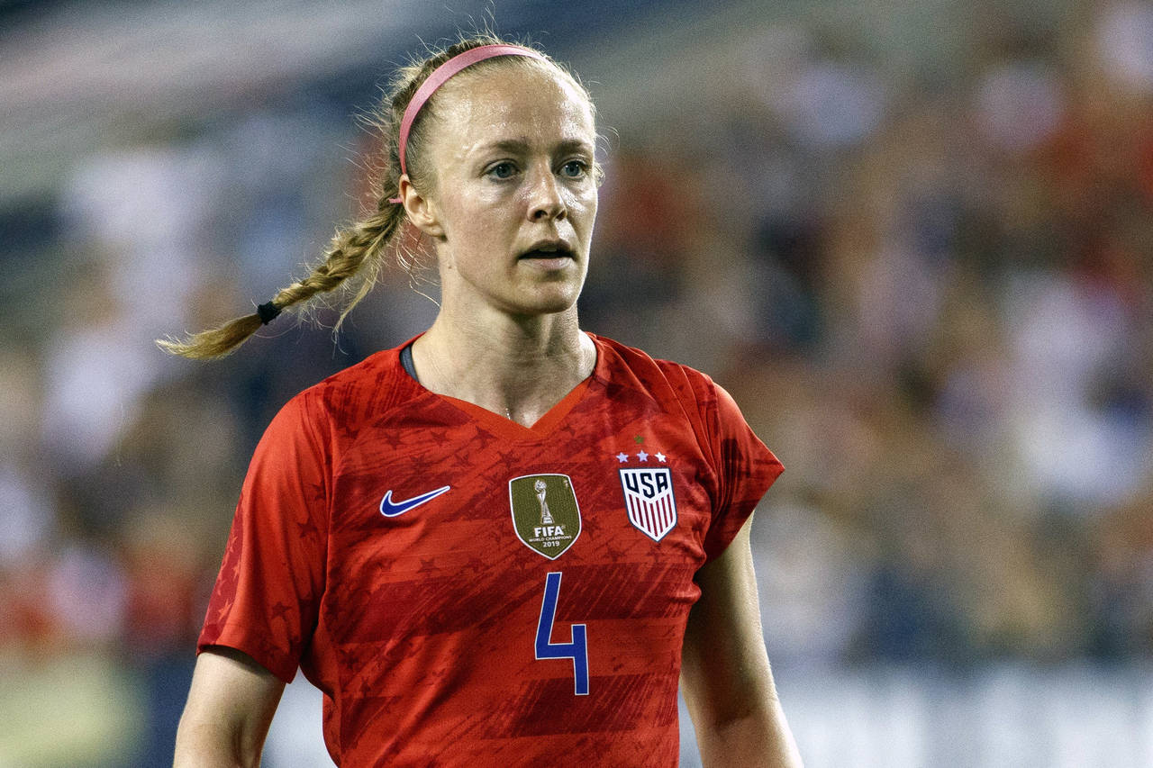 FILE - In this Aug. 29, 2019, file photo, United States' Becky Sauerbrunn is shown during an intern...