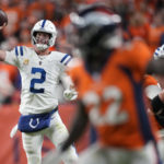 
              Indianapolis Colts quarterback Matt Ryan (2) throws against the Denver Broncos during the first half of an NFL football game, Thursday, Oct. 6, 2022, in Denver. (AP Photo/David Zalubowski)
            