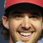 
              Philadelphia Phillies starting pitcher Aaron Nola speaks to the media ahead of Game 1 of the baseball World Series between the Houston Astros and the Philadelphia Phillies on Thursday, Oct. 27, 2022, in Houston. Game 1 of the series starts Friday. (AP Photo/Eric Gay)
            