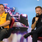 
              Red Bull Team Principal Christian Horner, right, speaks during a news conference as McLaren Team CEO Zak Brown, left, looks on at the Formula One U.S. Grand Prix auto race at Circuit of the Americas, Saturday, Oct. 22, 2022, in Austin, Texas. (AP Photo/Charlie Neibergall)
            