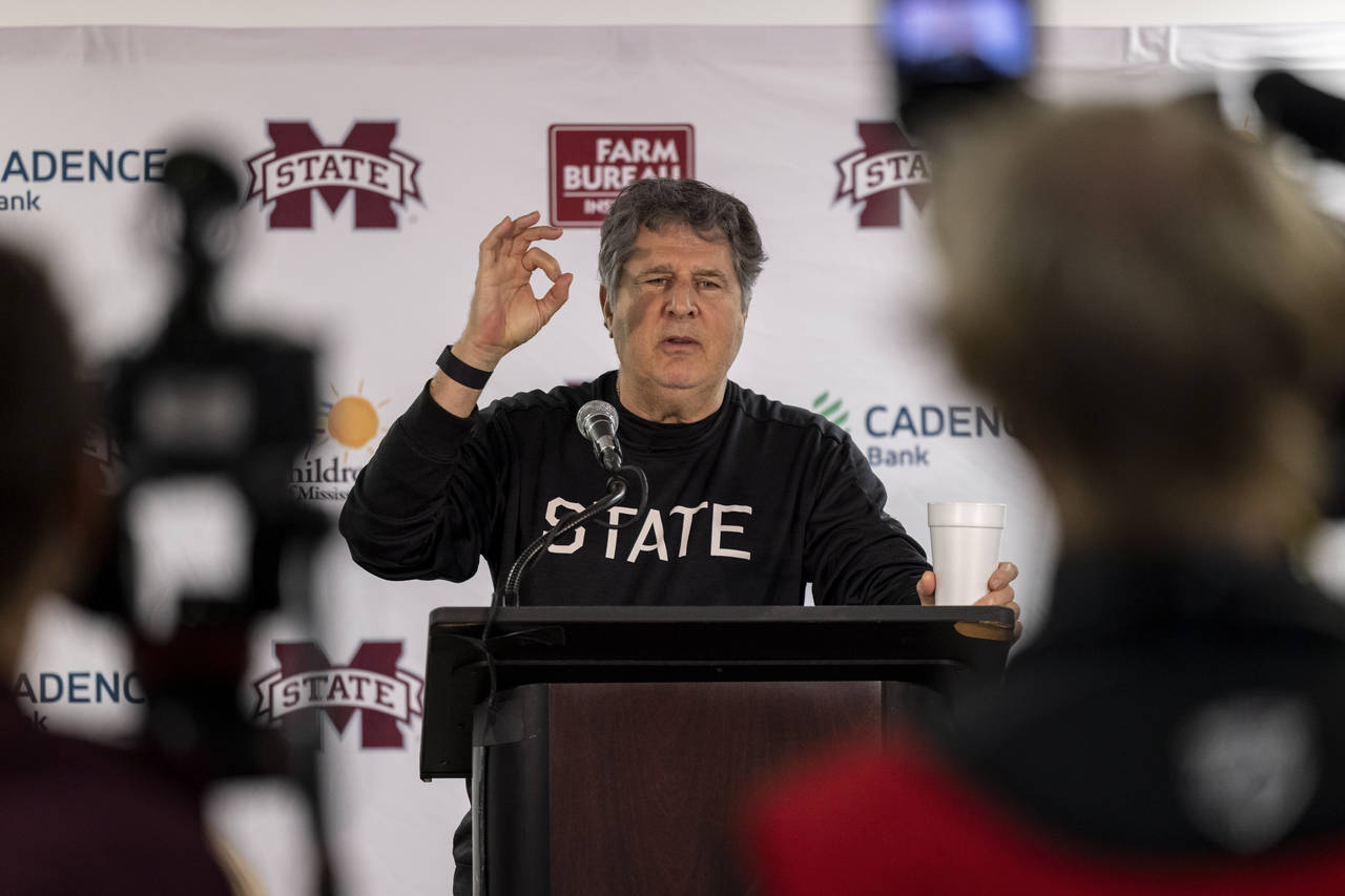Mississippi State coach Mike Leach talks to reporters after the team's 30-6 loss to Alabama in an N...