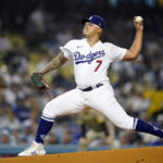 
              Los Angeles Dodgers starting pitcher Julio Urias throws to the plate during the first inning in Game 1 of a baseball NL Division Series against the San Diego Padres Tuesday, Oct. 11, 2022, in Los Angeles. (AP Photo/Ashley Landis)
            