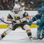 
              San Jose Sharks center Luke Kunin (11) chases after Vegas Golden Knights center Phil Kessel (8) during the second period of an NHL hockey game in San Jose, Calif., Tuesday, Oct. 25, 2022. (AP Photo/Godofredo A. Vásquez)
            