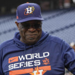 
              Houston Astros manager Dusty Baker Jr. watches batting practice before Game 3 of baseball's World Series between the Houston Astros and the Philadelphia Phillies on Monday, Oct. 31, 2022, in Philadelphia. (AP Photo/David J. Phillip)
            