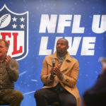 
              NFL Commissioner Roger Goodell, left, and Osi Umenyiora attend the International Series Fan Forum in London, Saturday, Oct. 8, 2022.(AP Photo/Alberto Pezzali)
            