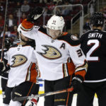 
              Anaheim Ducks right wing Jakob Silfverberg (33) celebrates his goal against the New Jersey Devils during the first period of an NHL hockey game Tuesday, Oct. 18, 2022, in Newark, N.J. (AP Photo/Noah K. Murray)
            