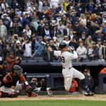 
              New York Yankees' Aaron Judge strikes out swinging during the fourth inning of a baseball game against the Baltimore Orioles on Saturday, Oct. 1, 2022, in New York. (AP Photo/Adam Hunger)
            