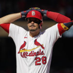 
              St. Louis Cardinals' Nolan Arenado reacts after flying out during the fourth inning in Game 1 of a National League wild card baseball playoff series against the Philadelphia Phillies, Friday, Oct. 7, 2022, in St. Louis. (AP Photo/Jeff Roberson)
            