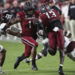
              South Carolina running back MarShawn Lloyd (1) breaks free for an 18-yard touchdown during the second half of the team's NCAA college football game against Texas A&M on Saturday, Oct. 22, 2022, in Columbia, S.C. (AP Photo/Artie Walker Jr.)
            