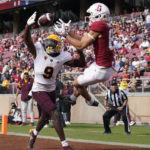 
              Arizona State defensive back Ro Torrence (9) defends against a pass intended for Stanford wide receiver Brycen Tremayne that fell incomplete during the second half of an NCAA college football game in Stanford, Calif., Saturday, Oct. 22, 2022. (AP Photo/Jeff Chiu)
            