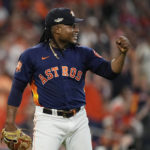 
              Houston Astros starting pitcher Framber Valdez reacts after the third out during the third inning in Game 2 of an American League Division Series baseball game against the Seattle Mariners in Houston, Thursday, Oct. 13, 2022. (AP Photo/David J. Phillip)
            