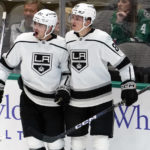 
              Los Angeles Kings left wing Kevin Fiala, left, celebrates his goal with center Rasmus Kupari, right, during the second period of an NHL hockey game against the Dallas Stars Tuesday, Nov. 1, 2022, in Dallas. (AP Photo/Ray Carlin)
            
