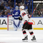 
              Ottawa Senators center Dylan Gambrell (27) heads for the locker room after being given a match penalty for his check on Tampa Bay Lightning defenseman Erik Cernak during the second period of an NHL hockey game Tuesday, Nov. 1, 2022, in Tampa, Fla. (AP Photo/Chris O'Meara)
            