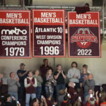 
              Virginia Tech unveils an ACC championship banner, right, in Cassell Coliseum prior to a William & Mary against Virginia Tech NCAA college basketball game in Blacksburg, Va., Sunday, Nov. 13, 2022. (Matt Gentry/The Roanoke Times via AP)
            