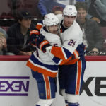 
              New York Islanders center Brock Nelson (29) celebrates his goal against the Chicago Blackhawks with right wing Cal Clutterbuck during the third period of an NHL hockey game Tuesday, Nov. 1, 2022, in Chicago. (AP Photo/David Banks)
            
