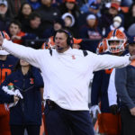 
              Illinois head coach Bret Bilema reacts to a call during the first half of an NCAA college football game against Michigan State, Saturday, Nov. 5, 2022, in Champaign, Ill. (AP Photo/Matt Marton)
            