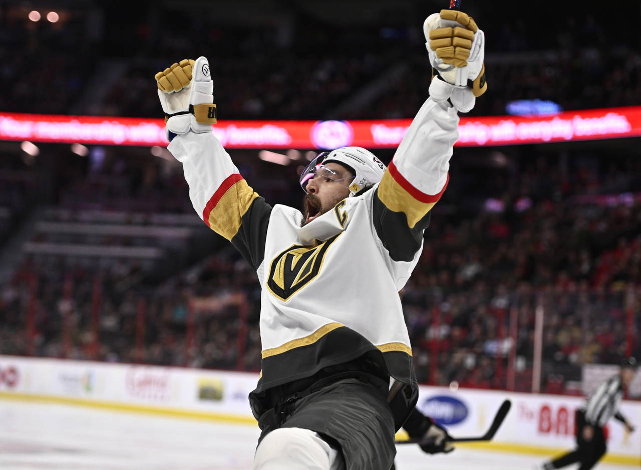 Vegas Golden Knights right wing Mark Stone celebrates his goal against the Ottawa Senators during t...