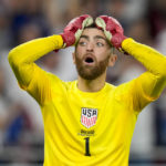 
              Goalkeeper Matt Turner of the United States reacts during the World Cup group B soccer match between Iran and the United States at the Al Thumama Stadium in Doha, Qatar, Tuesday, Nov. 29, 2022. (AP Photo/Ricardo Mazalan)
            