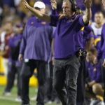 
              LSU coach Brian Kelly calls a play during the second half of the team's NCAA college football game against Alabama in Baton Rouge, La., Saturday, Nov. 5, 2022. LSU won 32-31 in overtime. (AP Photo/Tyler Kaufman)
            