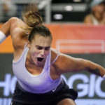 
              Aryna Sabalenka, of Belarus, reacts to winning the second set and match against Iga Swiatek, of Poland, in the singles semifinals of the WTA Finals tennis tournament in Fort Worth, Texas, Sunday, Nov. 6, 2022. (AP Photo/LM Otero)
            