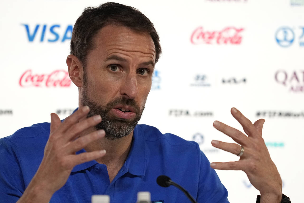 England manager Gareth Southgate speaks to the media during a press conference at the Qatar Nationa...