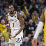 
              Brooklyn Nets forward Kevin Durant (7) reacts after being called for a technical foul during the second half of an NBA basketball game against the Indiana Pacers in Indianapolis, Friday, Nov. 25, 2022. (AP Photo/Doug McSchooler)
            
