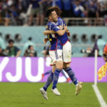 
              Japan's Maya Yoshida and Japan's Ko Itakura celebrate after their team scored the second goal during the World Cup group E soccer match between Germany and Japan, at the Khalifa International Stadium in Doha, Qatar, Wednesday, Nov. 23, 2022. (AP Photo/Matthias Schrader)
            