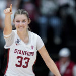 
              Stanford guard Hannah Jump reacts after scoring a 3-point basket against South Carolina during the first half of an NCAA college basketball game in Stanford, Calif., Sunday, Nov. 20, 2022. (AP Photo/Godofredo A. Vásquez)
            