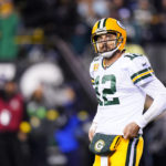 
              Green Bay Packers quarterback Aaron Rodgers looks are a replay during the first half of an NFL football game against the Philadelphia Eagle, Sunday, Nov. 27, 2022, in Philadelphia. (AP Photo/Chris Szagola)
            
