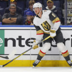 
              Vegas Golden Knights center Jack Eichel (9) looks to pass the puck during the first period of the team's NHL hockey game against the Buffalo Sabres, Thursday, Nov. 10, 2022, in Buffalo, N.Y. (AP Photo/Jeffrey T. Barnes)
            